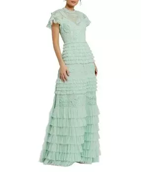 Бисерное кружевное платье с высоким воротником и цветочным принтом, отделанное мелкой рюшей Mac Duggal, зеленый