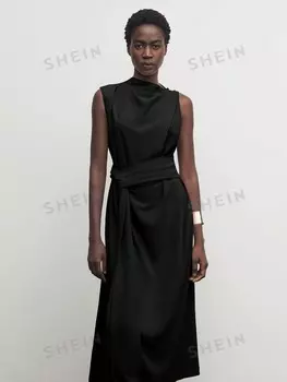 BIZwear 1 предмет, Длинное платье, приталенное, с поясом на талии, без рукавов, ковбойского цвета Shein, черный