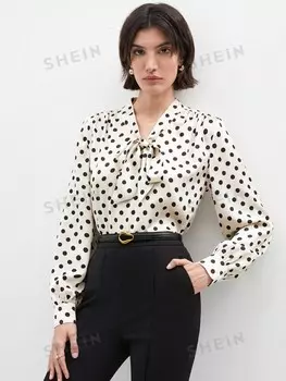 BIZwear Блузка, узел спереди, горошек, узор Shein, абрикосовый