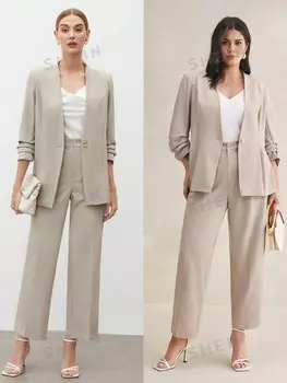 BIZwear Однотонный повседневный тканый пиджак с рукавами 3/4 Shein, абрикосовый