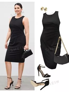 BIZwear Платье без рукавов больших размеров, Однотонные складки Shein, черный