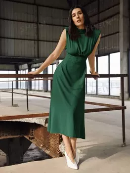 BIZwear Платье, высокий воротник, усиленные плечи, рабочая одежда Shein, темно-зеленый