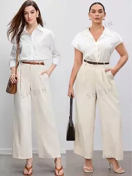 BIZwear Повседневные однотонные женские брюки больших размеров с карманами и складками Shein, абрикосовый