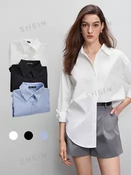 BIZwear Женская белая рубашка, однотонная, с заниженной линией плеч, с закругленным краем для спецодежды Shein, белый