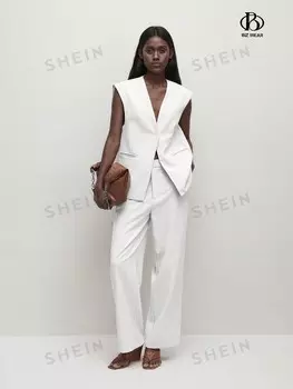 BIZwear Женский летний повседневный однотонный жилет с широкими плечами и длинный брючный костюм Shein, белый
