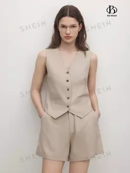 BIZwear Женский однотонный однобортный жилет и шорты без рукавов с v-образным вырезом, профессиональный комплект одежды на лето Shein, хаки