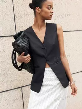 BIZwear Женский повседневный однотонный черный пиджак без рукавов весна/лето Shein, черный