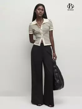 BIZwear Женский свитер-кардиган в полоску с воротником и пуговицами Shein, абрикосовый