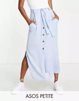 Бледно-голубая юбка миди с поясом и пуговицами ASOS Petite