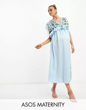 Бледно-голубое атласное платье миди с вышивкой и оборкой на талии ASOS DESIGN Maternity