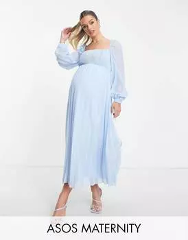 Бледно-голубое платье миди с квадратным вырезом и плиссировкой ASOS DESIGN Maternity Maternity