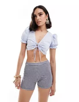 Бледно-голубой хлопковый топ Bershka с пышными рукавами и завязкой спереди