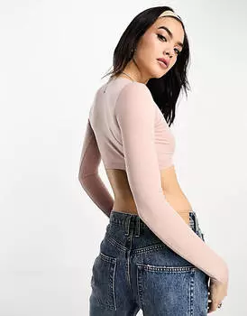 Бледно-розовый бралетт с длинными рукавами и v-образным вырезом Bershka