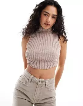 Бледно-розовый вязаный топ с высоким воротником Bershka