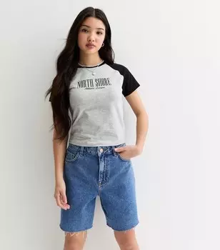 Бледно-серая футболка реглан с принтом North Shore для девочек New Look, бледно-серый