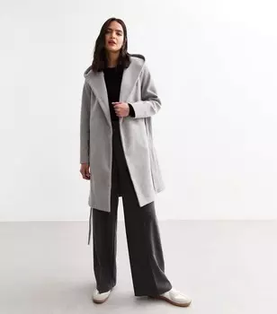 Бледно-серое пальто с капюшоном и запахом без подкладки New Look, бледно-серый