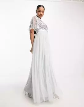 Бледно-серое платье макси для подружек невесты Maya с полосками из пайеток