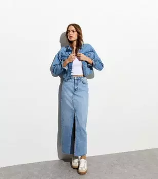 Бледно-синяя джинсовая длинная юбка с разрезом спереди New Look, бледно-голубой