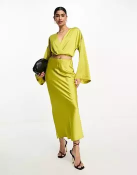 Бледно-зеленая атласная юбка макси косого кроя ASOS DESIGN