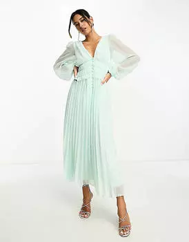 Бледно-зеленое платье миди со складками и пуговицами на талии ASOS DESIGN