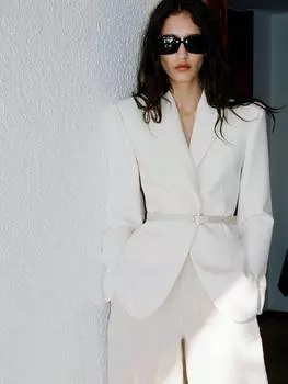 Блейзер бланш с поясом Mango, светло-бежевый