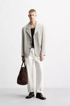 Блейзер для костюма из текстурированного льна ZARA, цвет Ecru/Black