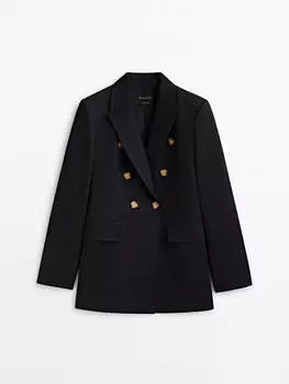 Блейзер Massimo Dutti Double-breasted In A Cotton And Linen Blend, темно-синий