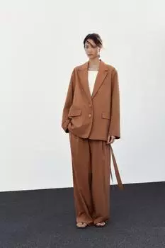 Блейзер оверсайз с поясом ZARA, цвет Caramel