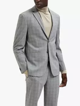 Блейзер приталенного кроя в клетку Liam SELECTED HOMME, светло-серый меланж