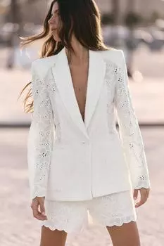 Блейзер с перфорированной вышивкой ZARA, устрично-белый