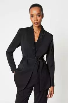 Блейзер с поясом и блестящим воротником Debenhams, черный