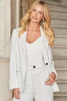 Блейзер свободного кроя из смесового льна в тонкую полоску Sosandar, бежевый