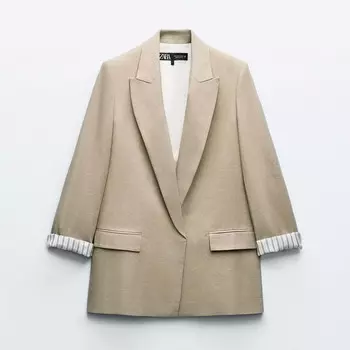 Блейзер Zara Linen Blend Roll-Up Sleeve Open, бежевый