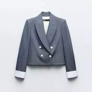 Блейзер Zara Short Double-Breasted With Contrast Cuffs, синий/индиго