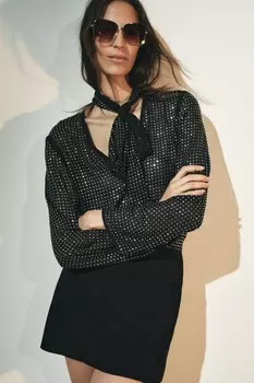 Блестящая блузка с завязкой из коллекции zw ZARA, черный