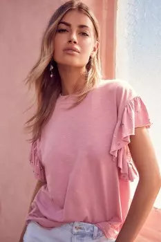 Блестящая футболка с заклепками и рюшами на рукавах Next, розовый