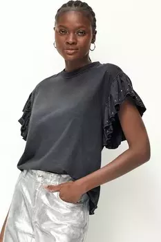 Блестящая футболка с заклепками и рюшами на рукавах Next, серый