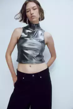 Блестящая майка металлического цвета с молнией сверху H&M, серебряный