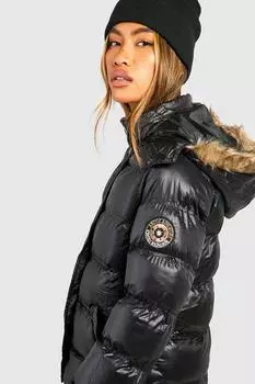Блестящая стеганая куртка с капюшоном и отделкой из искусственного меха boohoo, черный