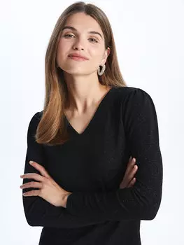 Блестящая женская блузка с V-образным вырезом и длинными рукавами LCWAIKIKI Classic