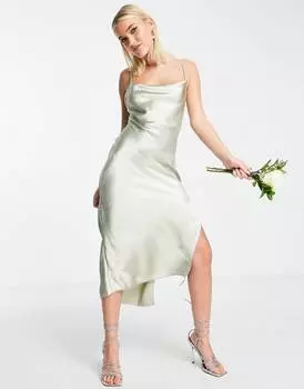 Блестящее атласное платье-комбинация миди на бретельках ASOS DESIGN Bridesmaid цвета шалфея со шнуровкой на спине