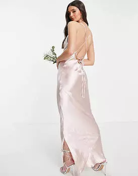 Блестящее атласное платье макси на бретелях ASOS DESIGN Tall Bridesmaid с румяной шнуровкой на спине
