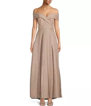 Блестящее бальное платье Xscape с короткими рукавами и открытыми плечами, вырезом миниатюрного размера, бежевый