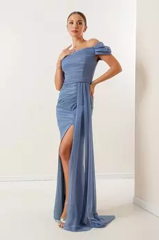 Блестящее длинное платье цвета индиго, на подкладке, со сборкой спереди, с низкими рукавами By Sayg, синий