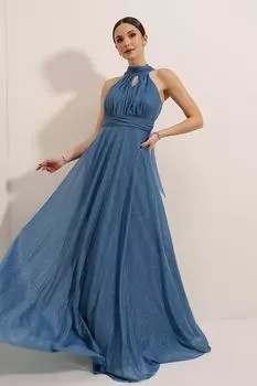 Блестящее длинное платье с бретелькой на шее и подкладкой цвета индиго By Sayg, темно-синий