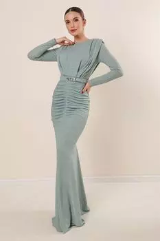 Блестящее длинное платье со сборками спереди на подкладке мятного цвета By Sayg, зеленый