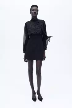 Блестящее контрастное мини-платье ZARA, черный