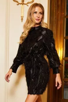Блестящее мини-платье с длинными рукавами и высоким вырезом Friends Like These, черный