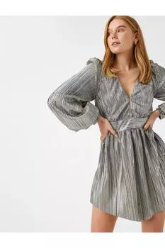 Блестящее мини-вечернее платье с длинным рукавом и V-образным вырезом Koton, хаки