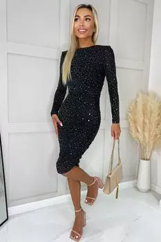 Блестящее облегающее платье миди с длинными рукавами пайетками и рюшами Ax Paris, черный